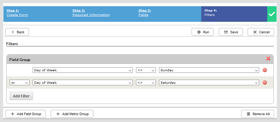 Weekly Filter Examples Create Report Template: Filters Page